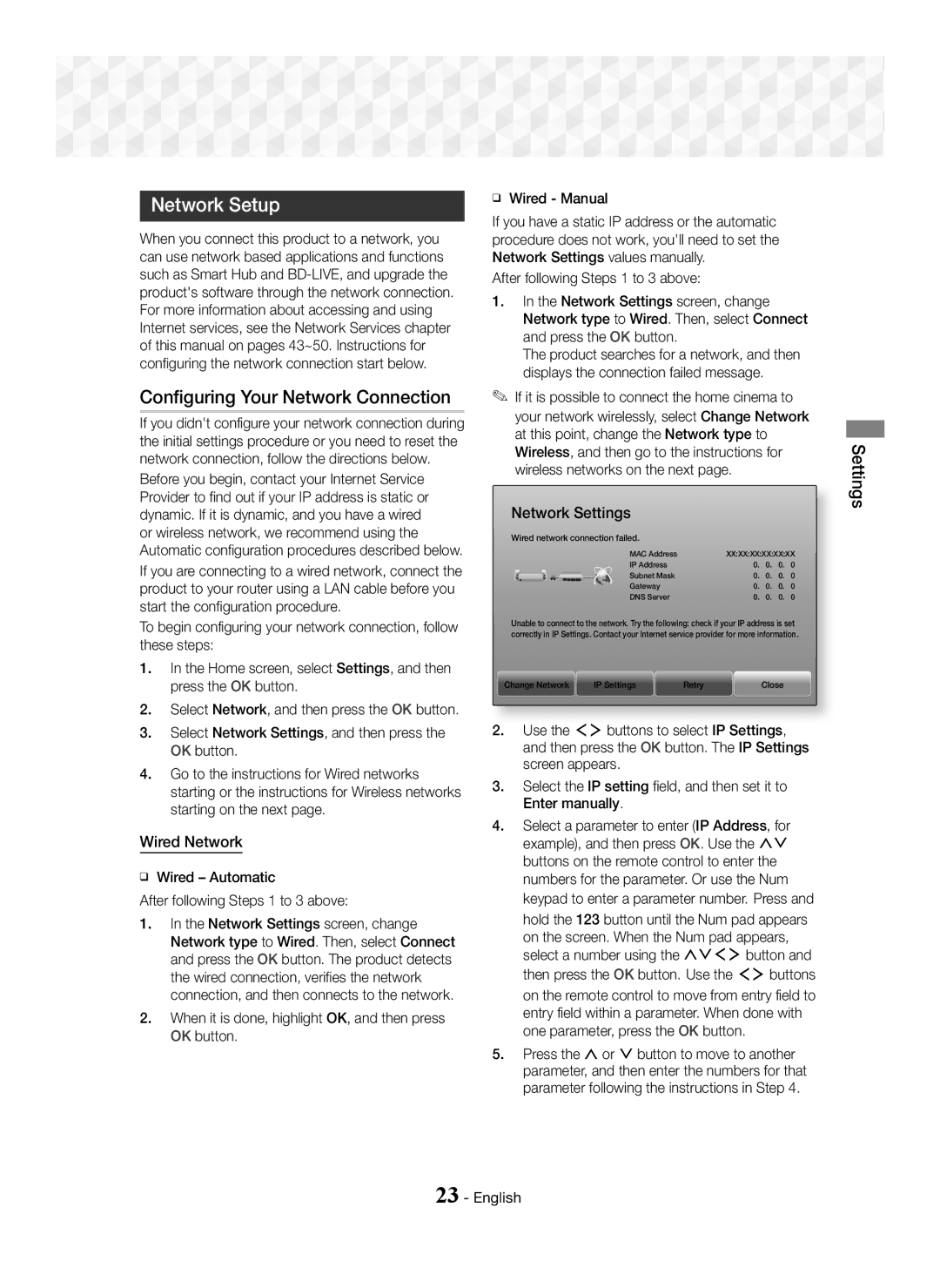 Samsung HT-J7750W/XE, HT-J7750W/EN Network Setup, Configuring Your Network Connection, Wired Network, Network Settings 