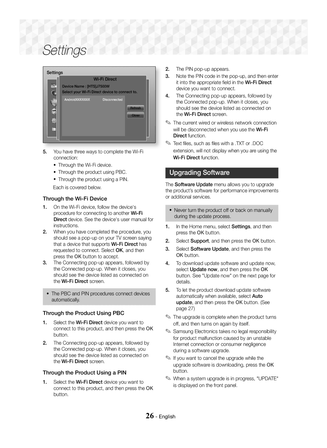 Samsung HT-J7500W/ZF, HT-J7750W/EN manual Upgrading Software, Through the Wi-Fi Device, Through the Product Using PBC 