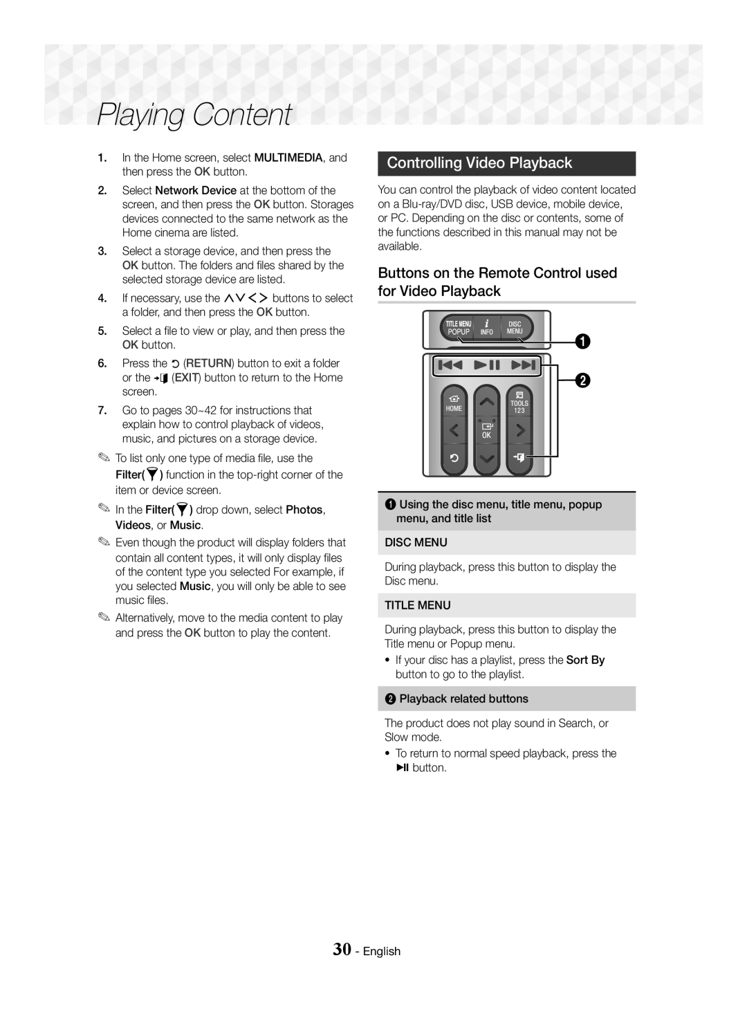 Samsung HT-J7750W/EN, HT-J7500W/EN manual Controlling Video Playback, Buttons on the Remote Control used for Video Playback 