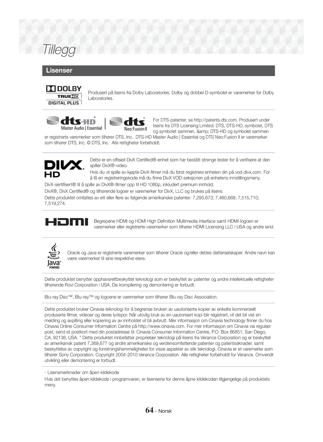 Samsung HT-J7500W/EN, HT-J7750W/EN, HT-J7500W/ZF, HT-J7750W/ZF, HT-J7500W/XE, HT-J7750W/XE manual Lisenser 