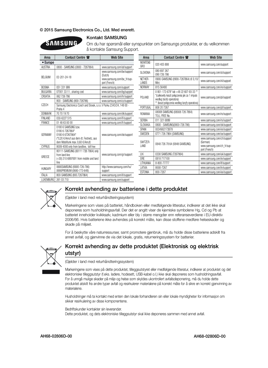 Samsung HT-J7500W/ZF, HT-J7750W/EN, HT-J7500W/EN manual Korrekt avhending av batteriene i dette produktet, AH68-02806D-00 