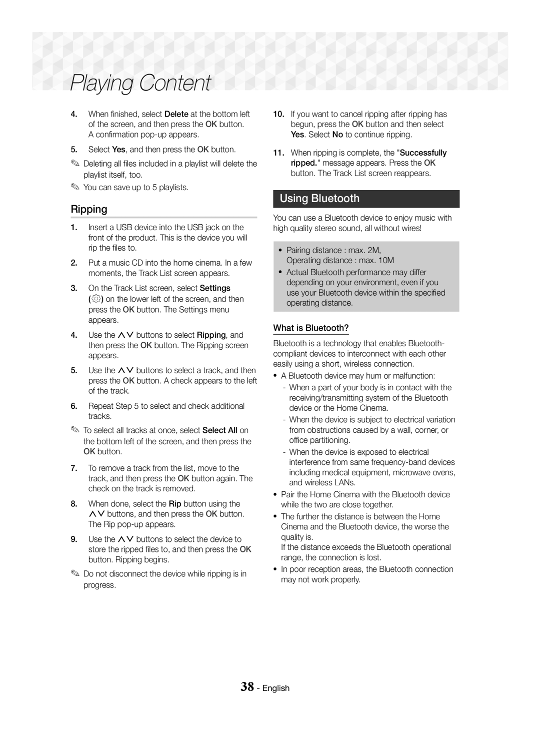 Samsung HT-J7500W/ZF manual Ripping, Using Bluetooth, What is Bluetooth?, ~ a Bluetooth device may hum or malfunction 