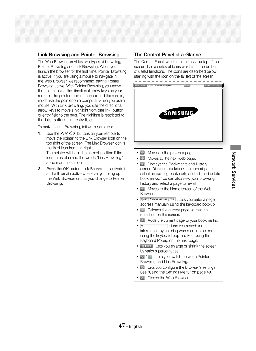 Samsung HT-J7750W/XE, HT-J7750W/EN Link Browsing and Pointer Browsing, Control Panel at a Glance, ~ Closes the Web Browser 