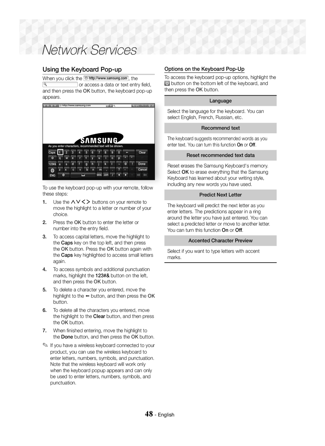 Samsung HT-J7750W/EN manual Using the Keyboard Pop-up, Options on the Keyboard Pop-Up, Recommend text, Predict Next Letter 