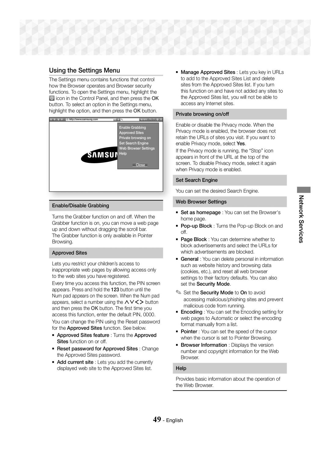 Samsung HT-J7500W/EN, HT-J7750W/EN, HT-J7500W/ZF Using the Settings Menu, Enable/Disable Grabbing, Private browsing on/off 