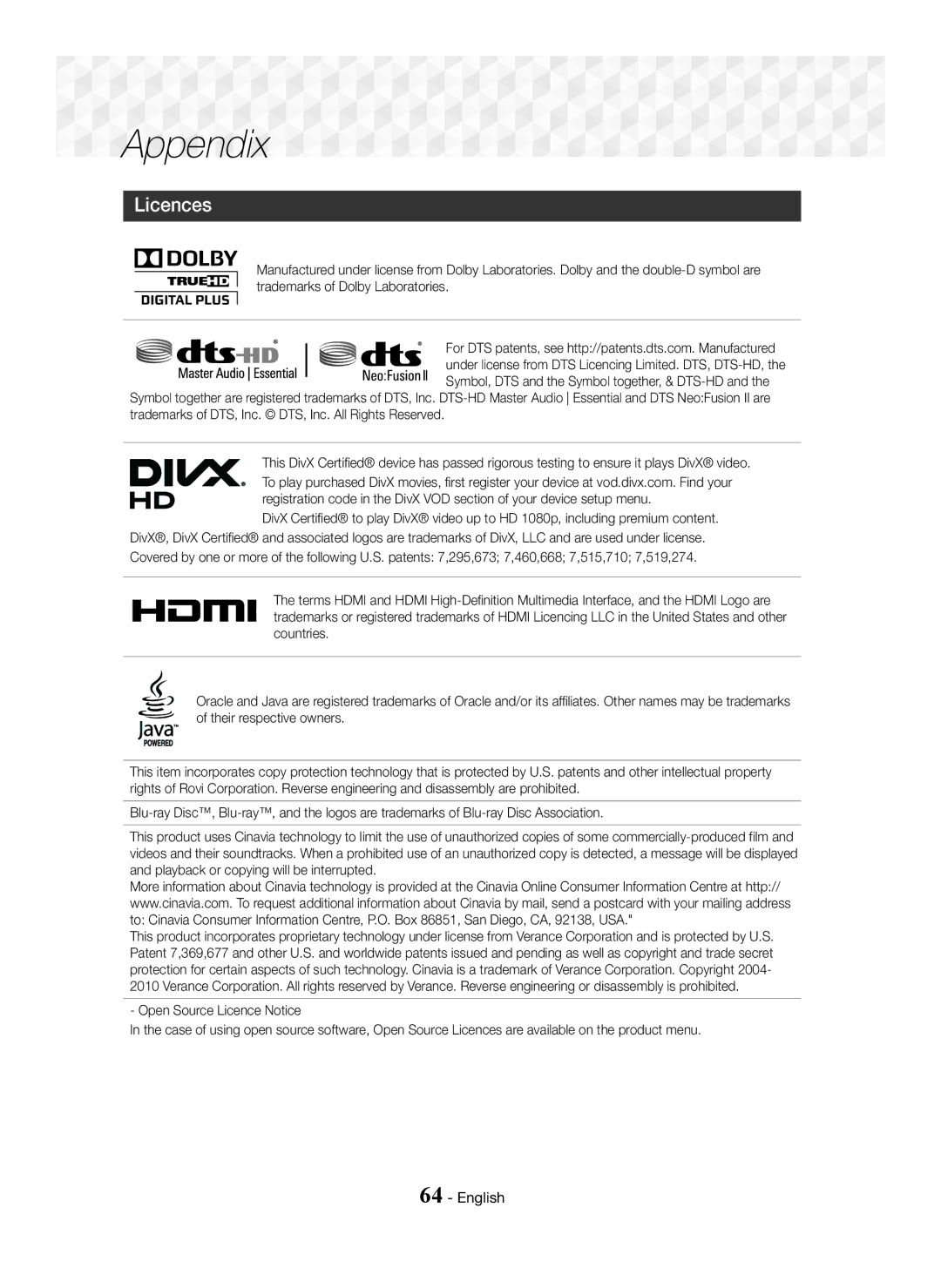 Samsung HT-J7500W/XE, HT-J7750W/EN, HT-J7500W/EN, HT-J7500W/ZF, HT-J7750W/ZF, HT-J7750W/XE manual Licences 