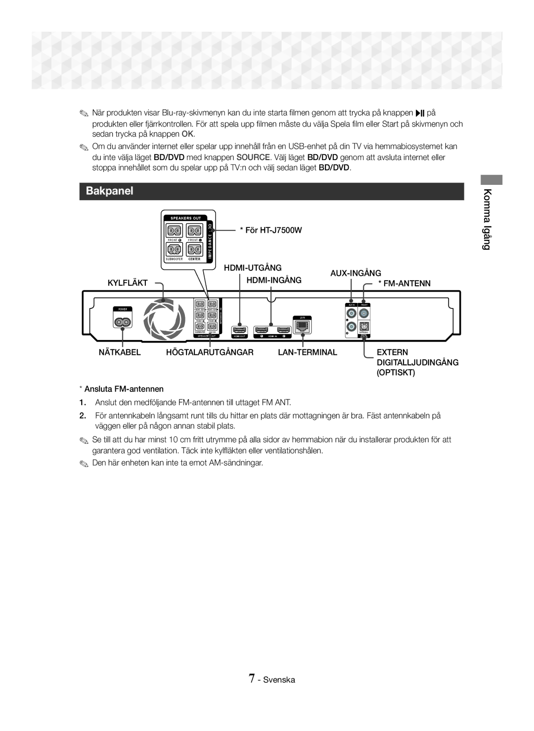 Samsung HT-J7500W/EN, HT-J7750W/EN, HT-J7500W/ZF, HT-J7750W/ZF, HT-J7500W/XE, HT-J7750W/XE Bakpanel, Igång, Ÿ* För HT-J7500W 