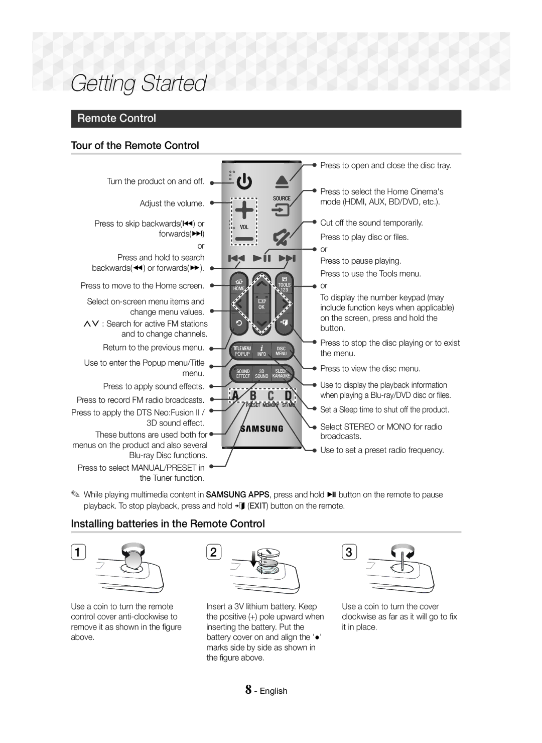 Samsung HT-J7500W/ZF, HT-J7750W/EN, HT-J7500W/EN Tour of the Remote Control, Installing batteries in the Remote Control 