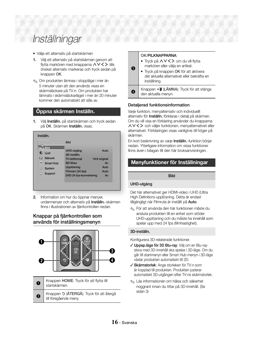 Samsung HT-J7500W/XE manual Öppna skärmen Inställn, Menyfunktioner för Inställningar, Detaljerad funktionsinformation 