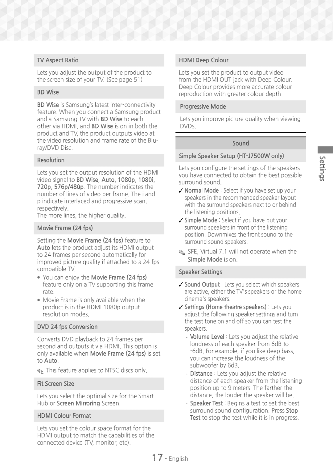 Samsung HT-J7750W/XE TV Aspect Ratio, BD Wise, Resolution, DVD 24 fps Conversion, Fit Screen Size, Hdmi Colour Format 