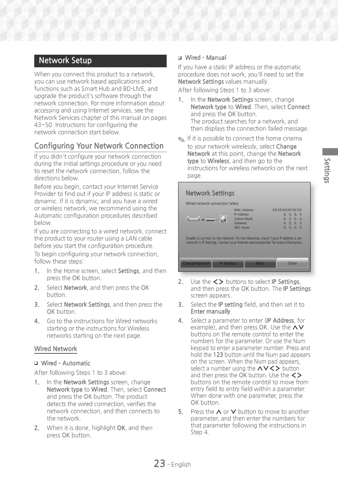 Samsung HT-J7750W/XE, HT-J7750W/EN Network Setup, Wired Network, Network Settings, ĞĞ Wired Automatic, ĞĞ Wired Manual 