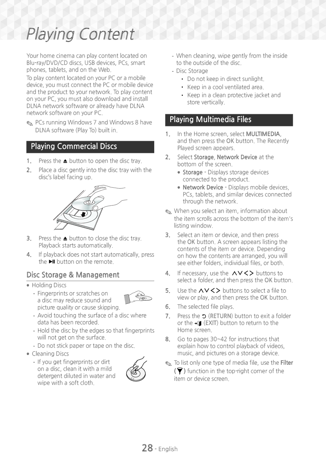 Samsung HT-J7500W/XE, HT-J7750W/EN manual Playing Commercial Discs, Disc Storage & Management, Playing Multimedia Files 