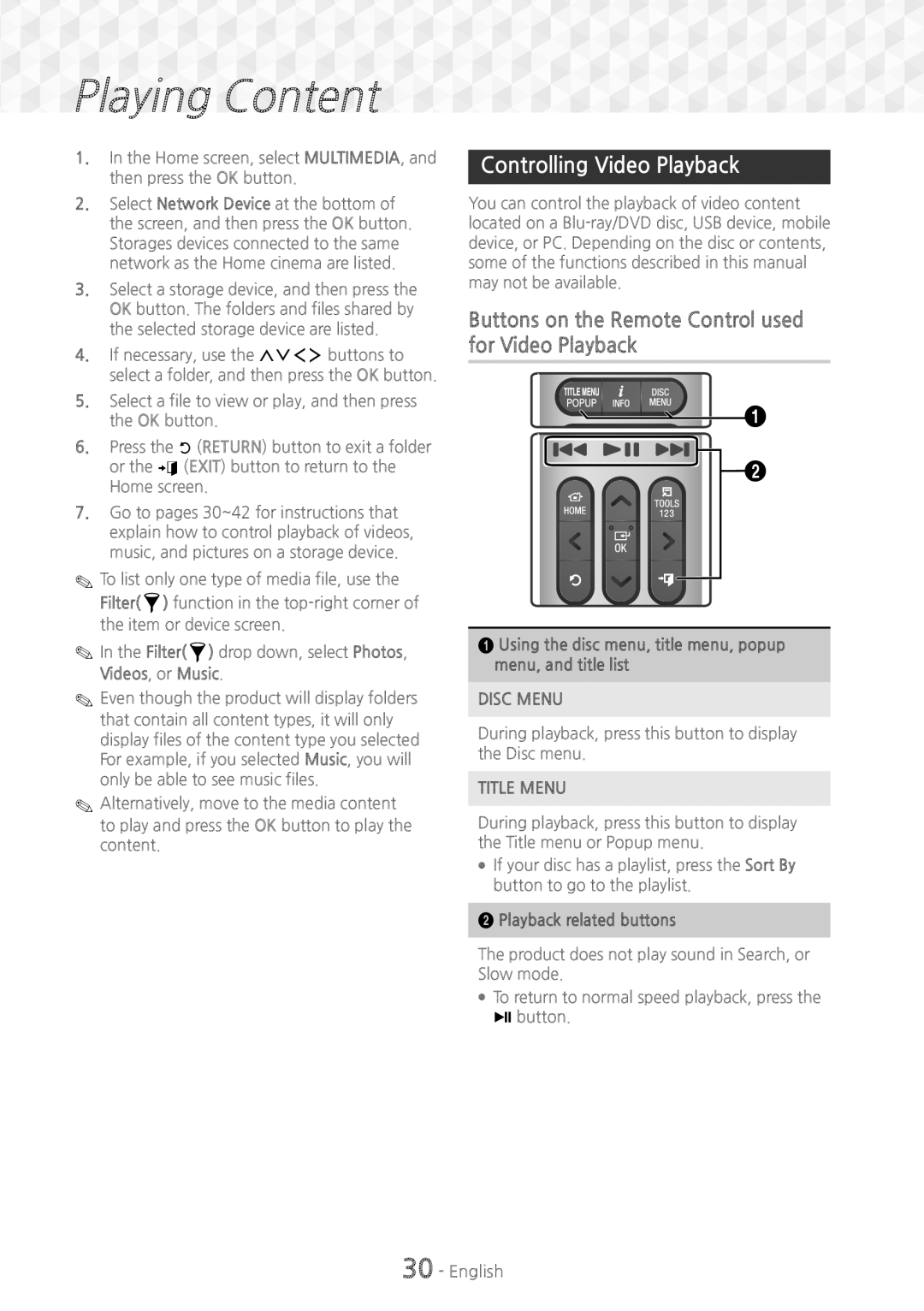 Samsung HT-J7750W/EN, HT-J7500W/EN manual Controlling Video Playback, Buttons on the Remote Control used for Video Playback 