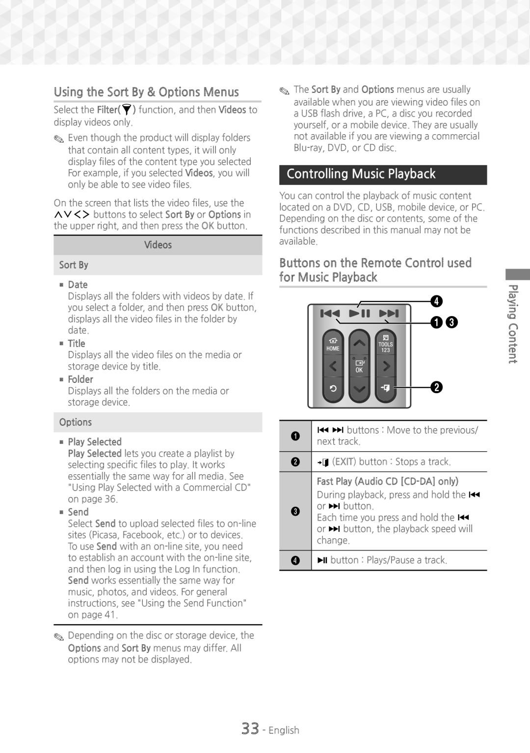 Samsung HT-J7750W/ZF, HT-J7750W/EN, HT-J7500W/EN, HT-J7500W/ZF Using the Sort By & Options Menus, Controlling Music Playback 