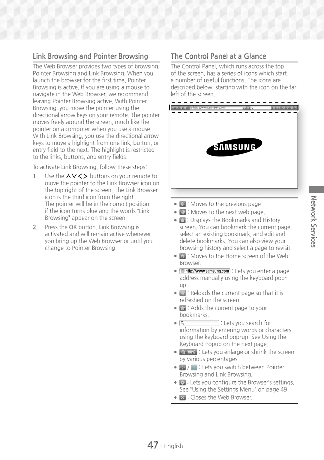 Samsung HT-J7750W/XE, HT-J7750W/EN Link Browsing and Pointer Browsing, Control Panel at a Glance, Closes the Web Browser 