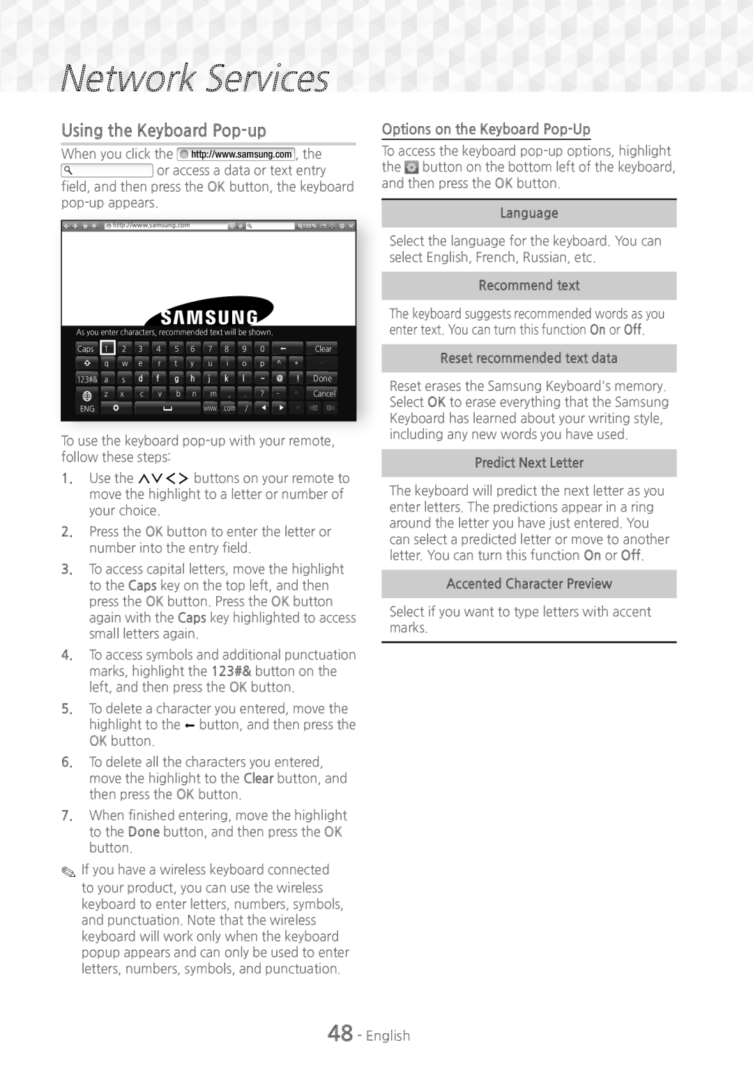 Samsung HT-J7750W/EN, HT-J7500W/EN, HT-J7500W/ZF, HT-J7750W/ZF Using the Keyboard Pop-up, Options on the Keyboard Pop-Up 