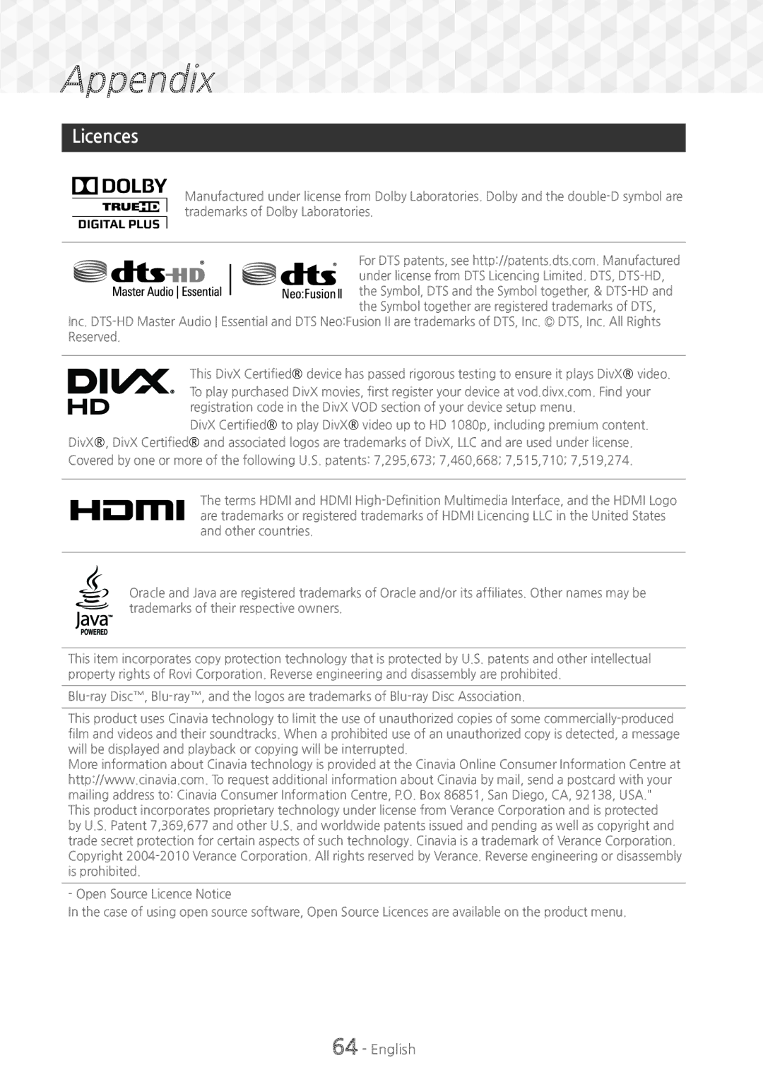 Samsung HT-J7500W/XE, HT-J7750W/EN, HT-J7500W/EN, HT-J7500W/ZF, HT-J7750W/ZF, HT-J7750W/XE manual Licences 