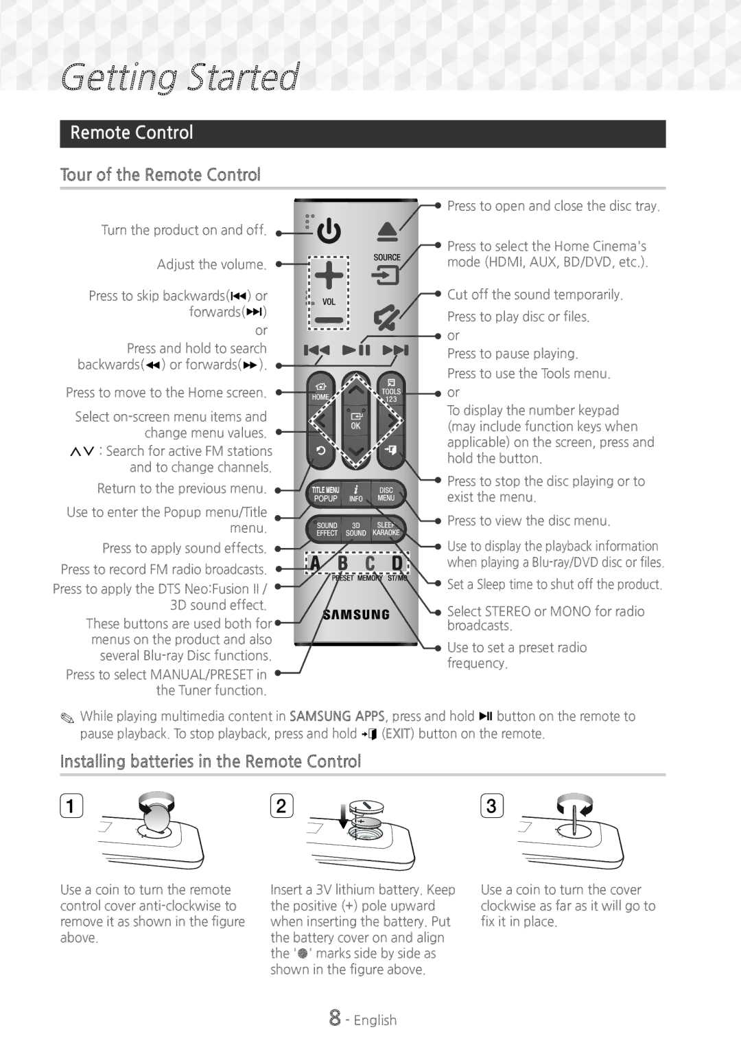 Samsung HT-J7500W/ZF, HT-J7750W/EN, HT-J7500W/EN Tour of the Remote Control, Installing batteries in the Remote Control 