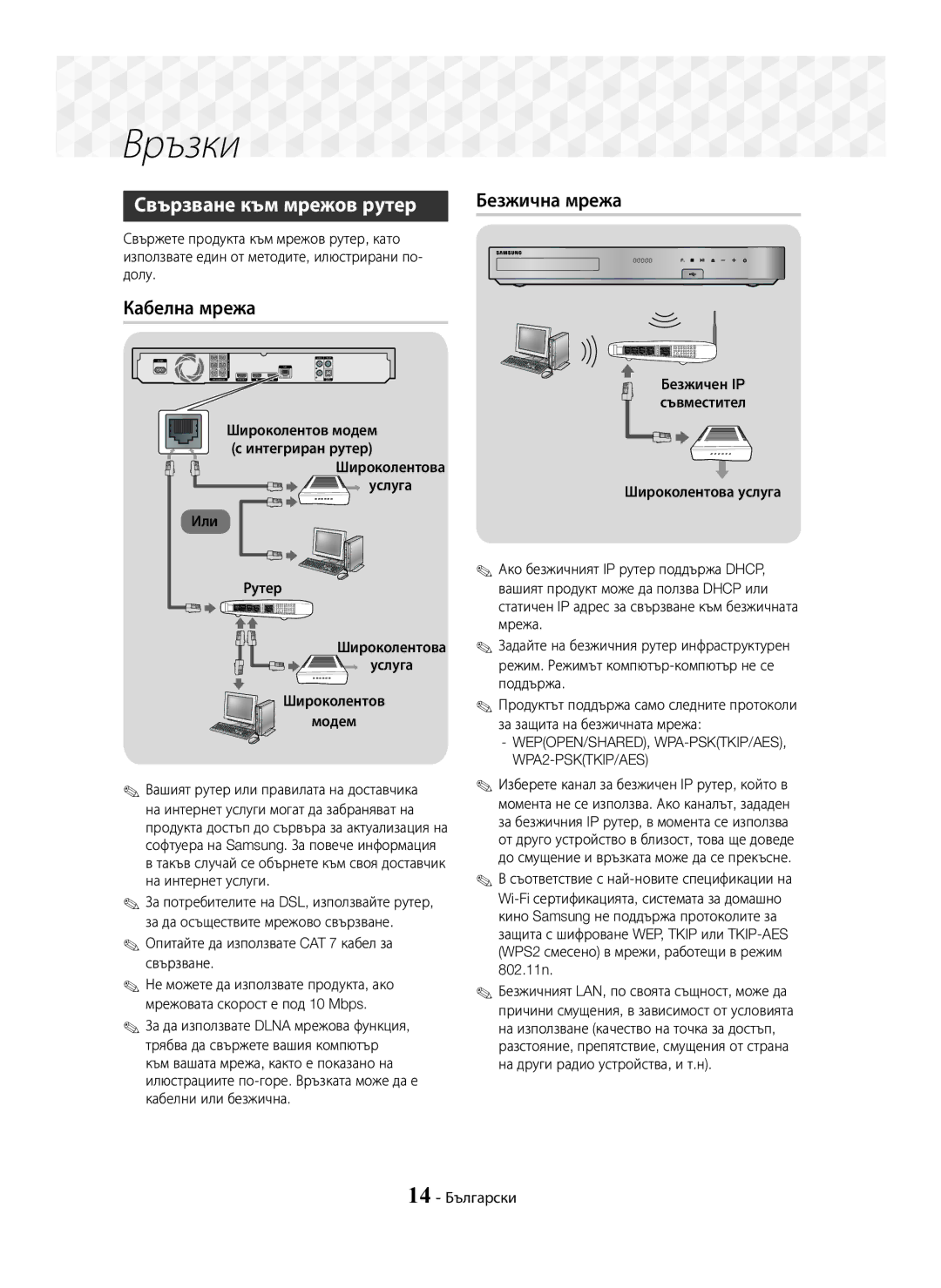 Samsung HT-J7750W/EN, HT-J7500W/EN manual Свързване към мрежов рутер Безжична мрежа, Кабелна мрежа 
