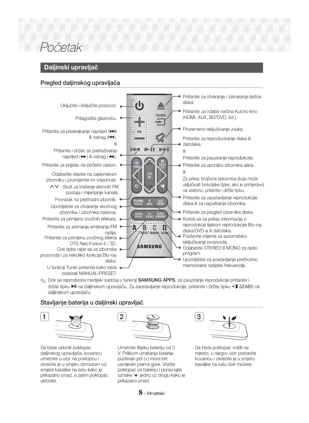 Samsung HT-J7750W/EN, HT-J7500W/EN manual Pregled daljinskog upravljača 