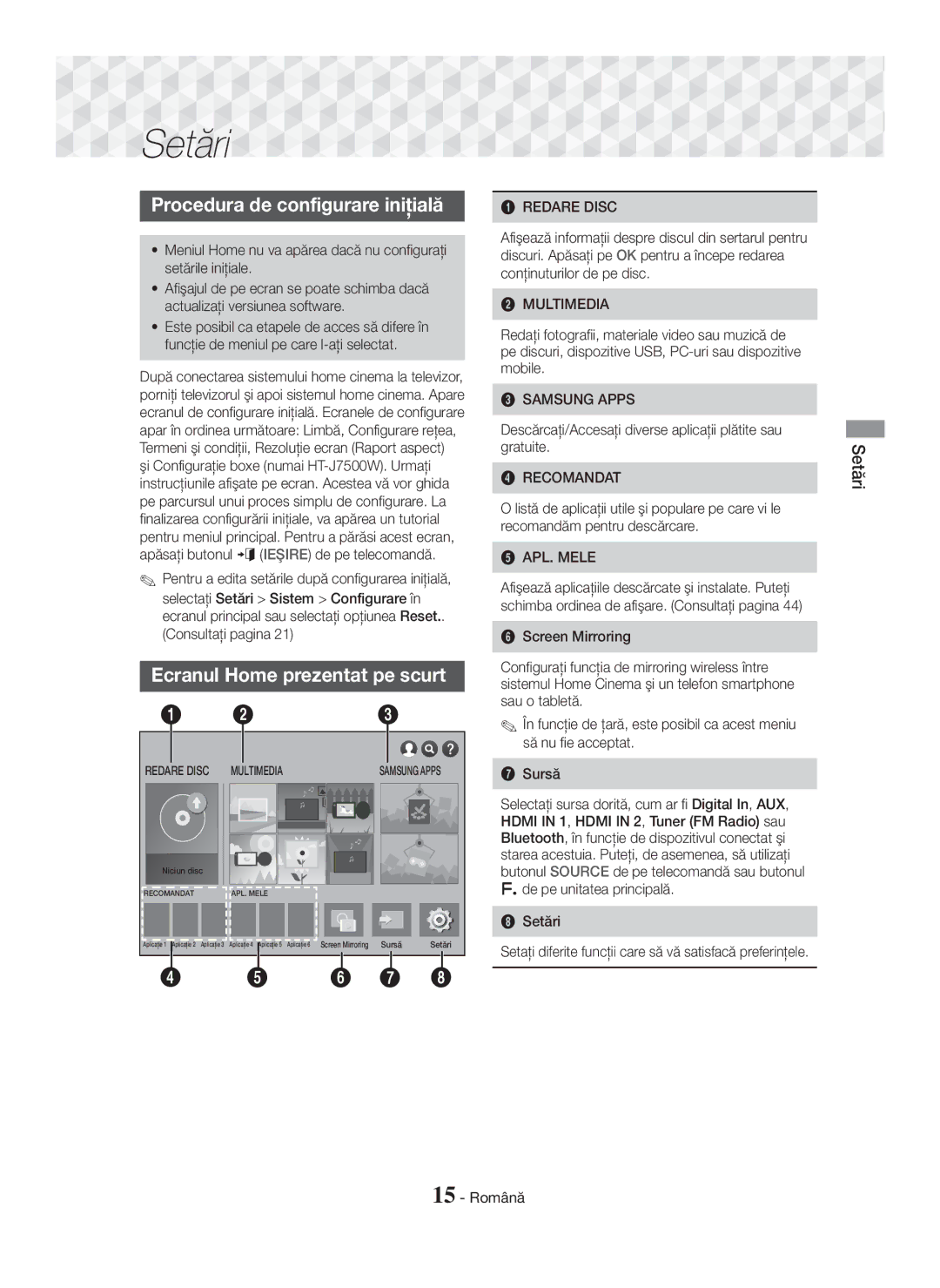 Samsung HT-J7750W/EN, HT-J7500W/EN manual Procedura de configurare iniţială, Ecranul Home prezentat pe scurt, Setări 