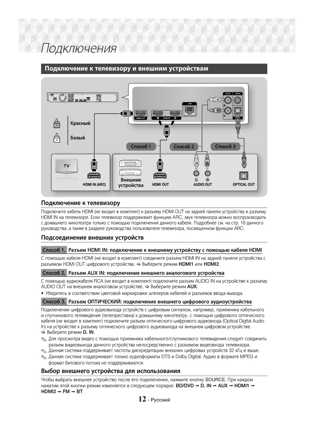 Samsung HT-J7750W/RU manual Подключение к телевизору и внешним устройствам, Подсоединение внешних устройств, HDMI2 FM BT 