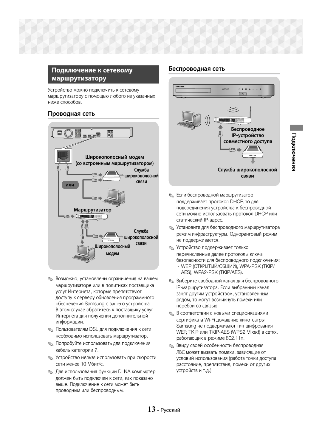 Samsung HT-J7750W/RU manual Подключение к сетевому Беспроводная сеть Маршрутизатору, Проводная сеть, Широкополосный модем 