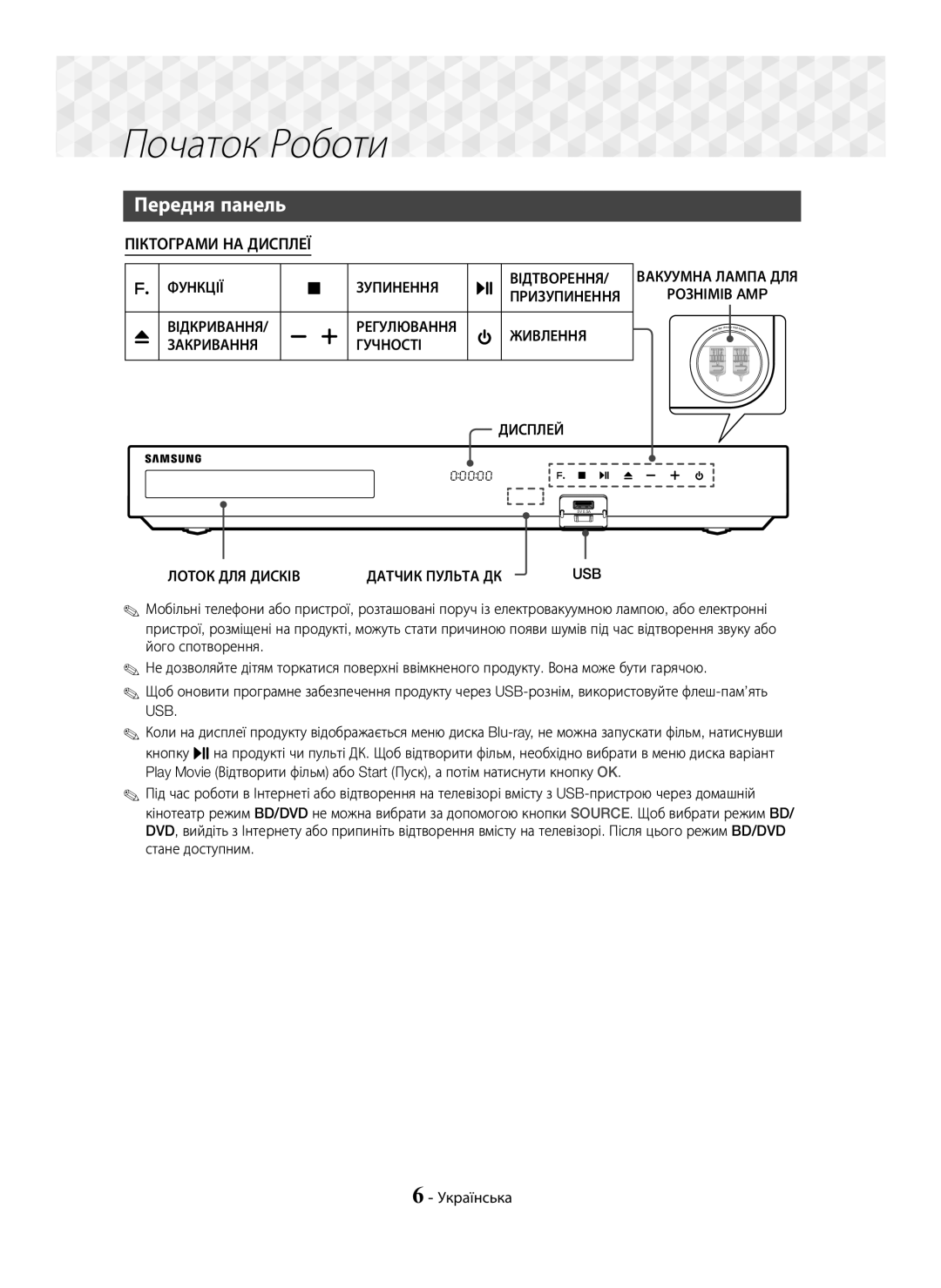 Samsung HT-J7750W/RU manual Передня панель, Функції Зупинення, Лоток ДЛЯ Дисків Датчик Пульта ДК, Відтворення, Призупинення 