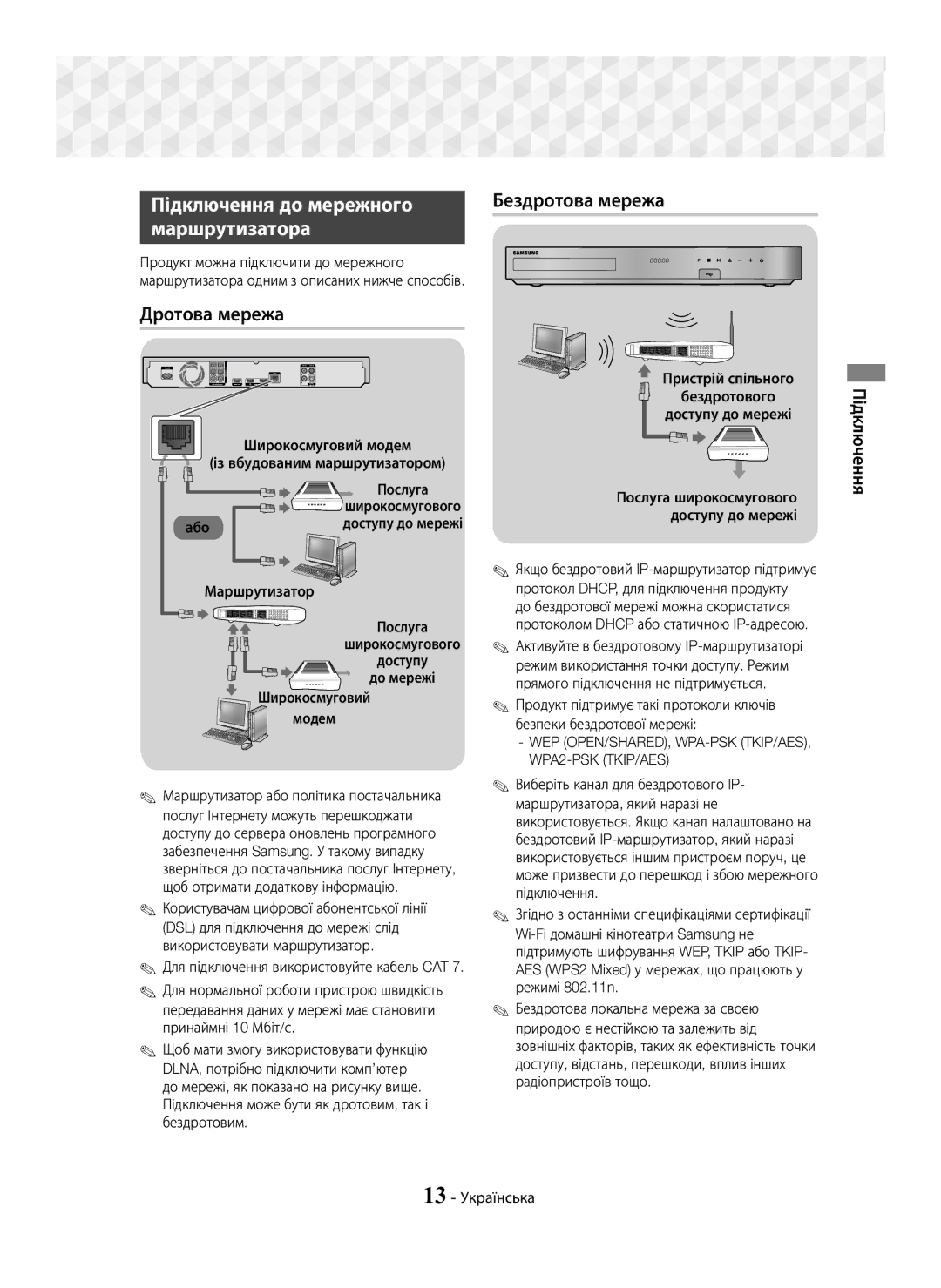 Samsung HT-J7750W/RU manual Підключення до мережного Маршрутизатора, Дротова мережа, Бездротова мережа 