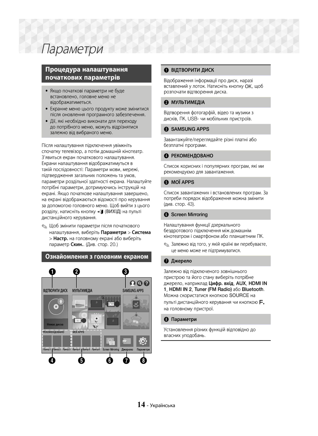 Samsung HT-J7750W/RU manual Параметри, Процедура налаштування Початкових параметрів, Ознайомлення з головним екраном 