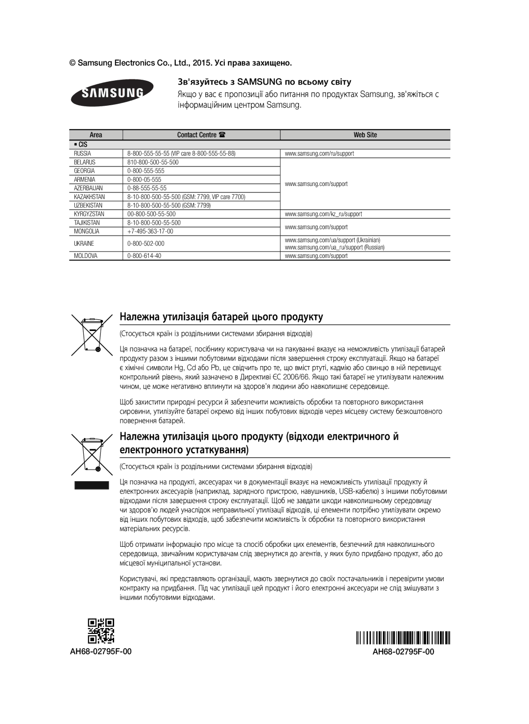 Samsung HT-J7750W/RU manual Належна утилізація батарей цього продукту, AH68-02795F-00 