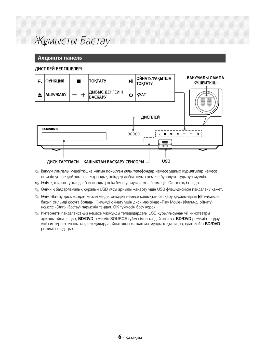 Samsung HT-J7750W/RU manual Жұмысты Бастау, Алдыңғы панель, Диск Тартпасы Қашықтан Басқару Сенсоры, Ойнату/Уақытша 