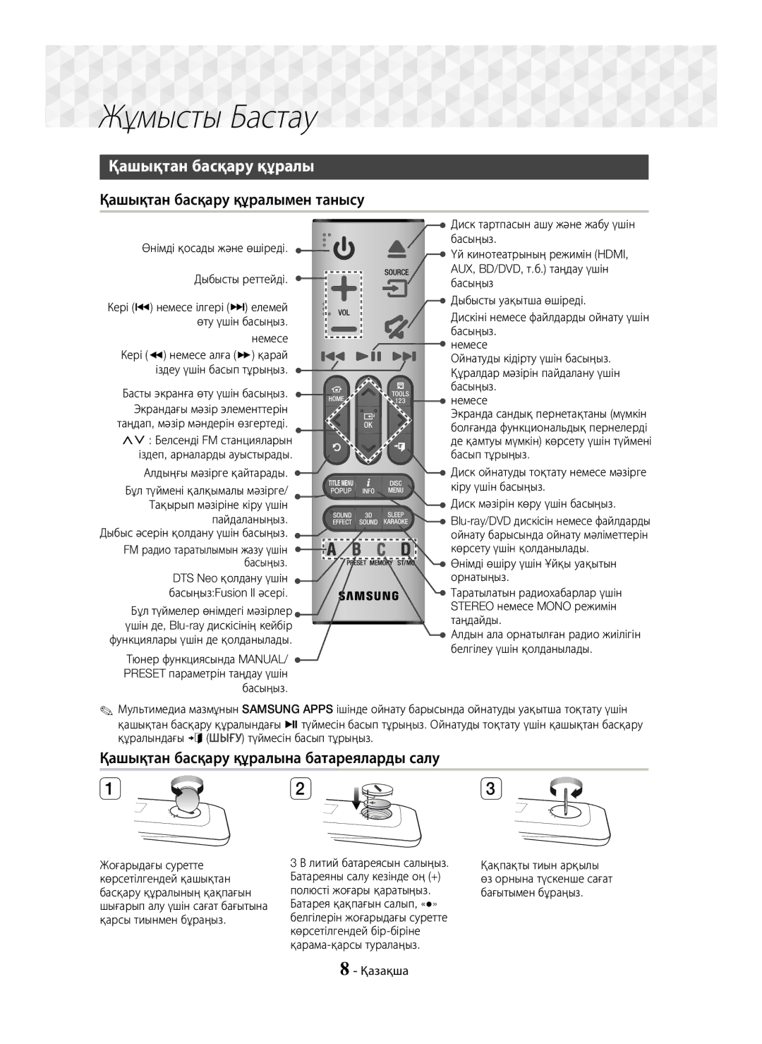 Samsung HT-J7750W/RU manual Қашықтан басқару құралына батареяларды салу 