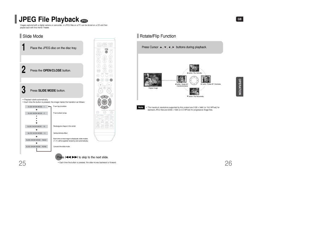 Samsung HT-KQ20R/XFU Jpeg File Playback Jpeg, Press To skip to the next slide, Press Cursor , , , buttons during playback 