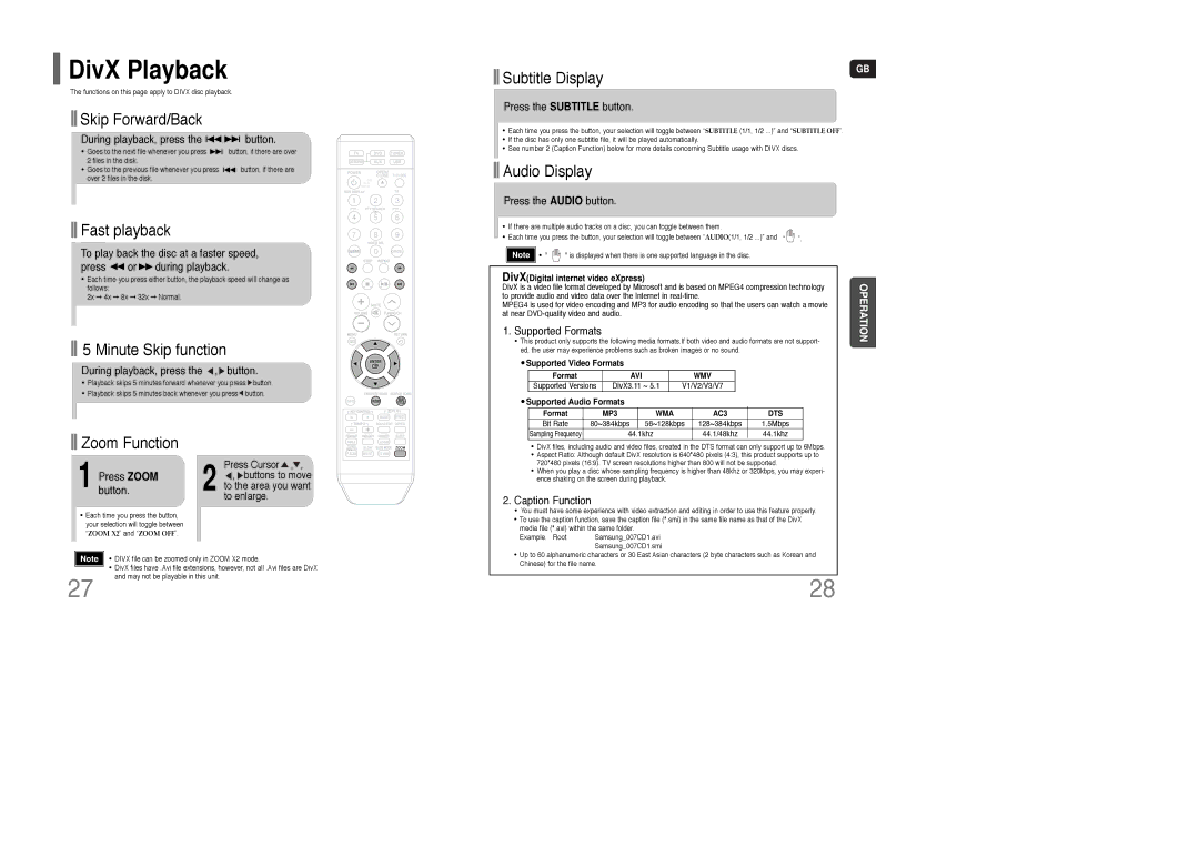 Samsung HT-TKQ25R/XFU, HT-KQ20R/XFU manual DivX Playback 