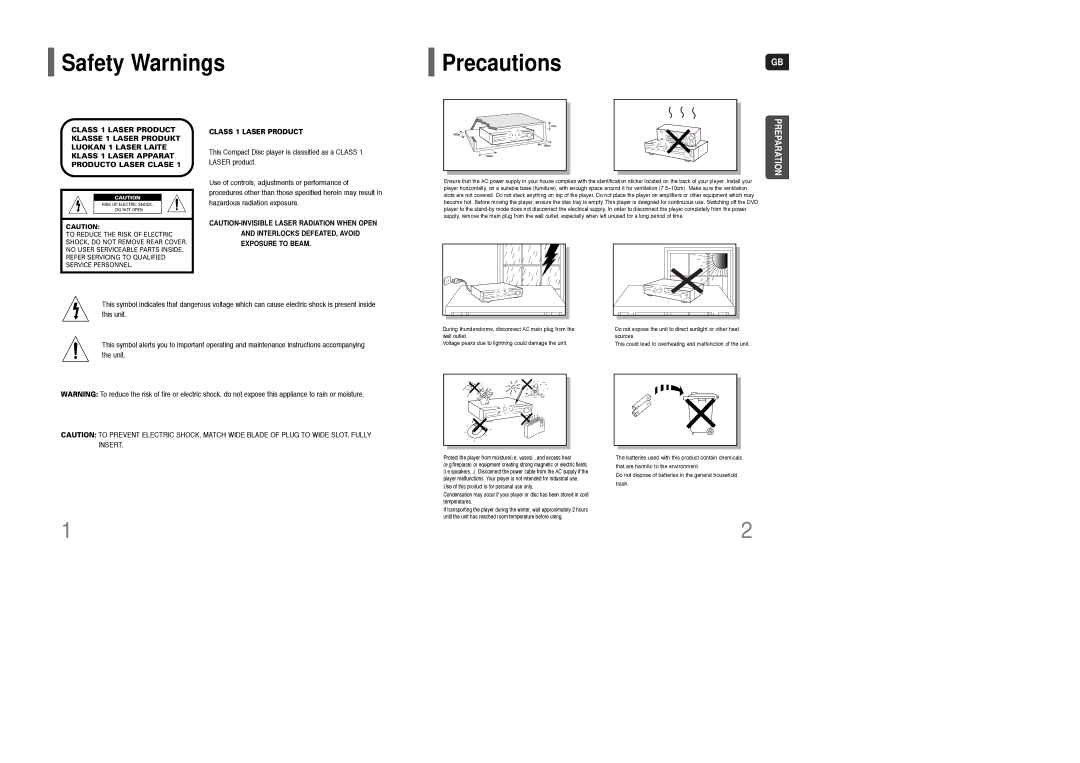 Samsung HT-KQ20R/XFU, HT-TKQ25R/XFU manual Safety Warnings PrecautionsGB, Class 1 Laser Product 