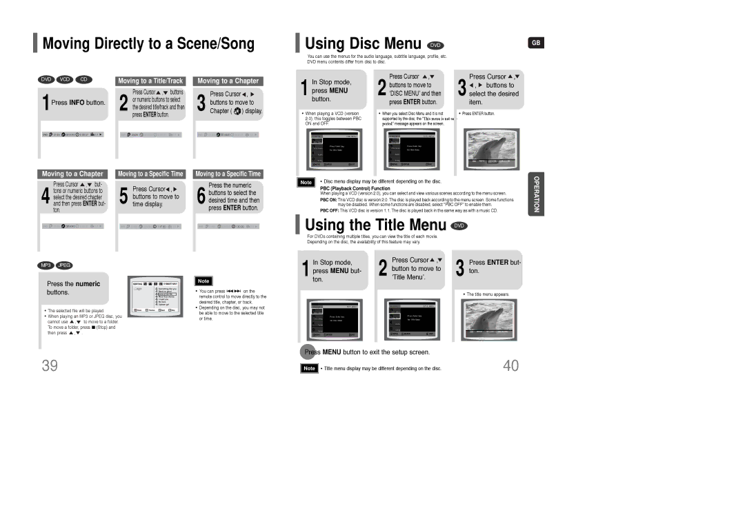 Samsung HT-TKQ25R/XFU, HT-KQ20R/XFU manual Using the Title Menu DVD, Moving Directly to a Scene/Song, Ton ‘Title Menu’ 