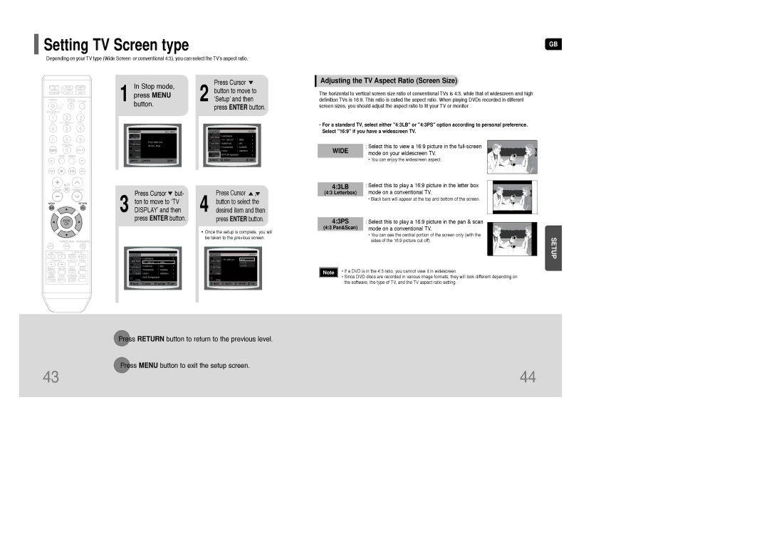 Samsung HT-TKQ25R/XFU, HT-KQ20R/XFU manual Adjusting the TV Aspect Ratio Screen Size, 43LB, 43PS, Letterbox, 43 Pan&Scan 