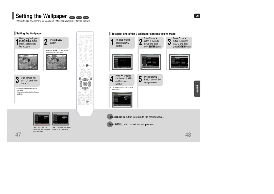 Samsung HT-TKQ25R/XFU manual Setting the Wallpaper Jpeg DVD VCD, Power will turn off and then back on, Press Logo button 