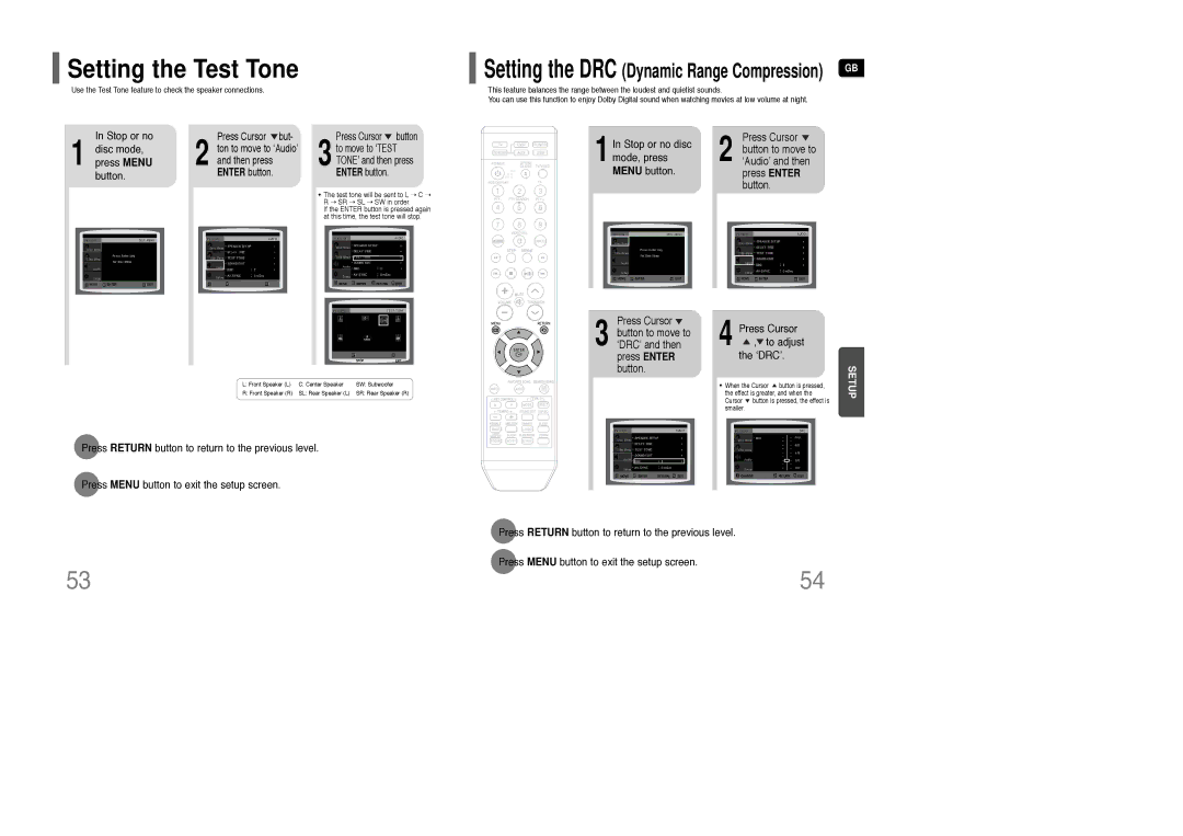 Samsung HT-KQ20R/XFU, HT-TKQ25R/XFU manual Setting the Test Tone, Disc mode, Stop or no disc mode, press Menu button 