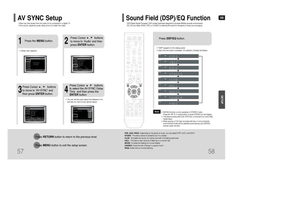 Samsung HT-KQ20R/XFU, HT-TKQ25R/XFU manual AV Sync Setup, Press the Menu button, Press DSP/EQ button 