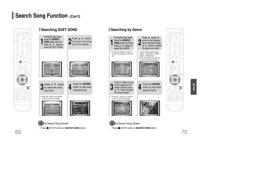 Samsung HT-KQ20R/XFU, HT-TKQ25R/XFU Search Song Function Con’t, Searching Duet Song Searching by Genre, Press , button 