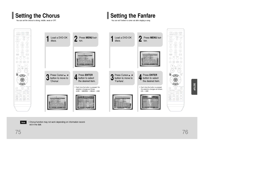 Samsung HT-TKQ25R/XFU, HT-KQ20R/XFU manual Setting the Chorus, Setting the Fanfare, Load a DVD-OK Press Menu but Discs Ton 