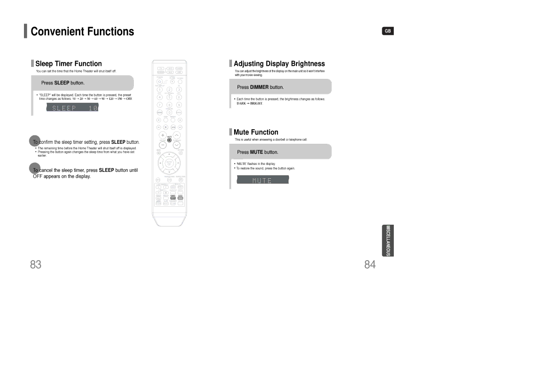 Samsung HT-TKQ25R/XFU manual Convenient Functions, Sleep Timer Function, Adjusting Display Brightness, Mute Function 