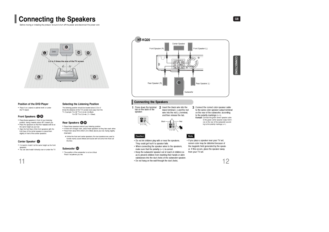 Samsung HT-TKQ25R/XFU, HT-KQ20R/XFU manual Connecting the Speakers 