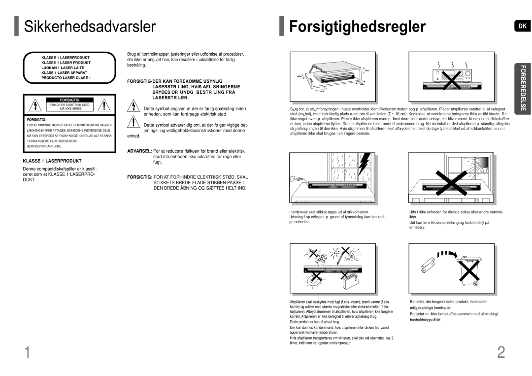 Samsung HT-P10R/EDC manual ForsigtighedsreglerDK 