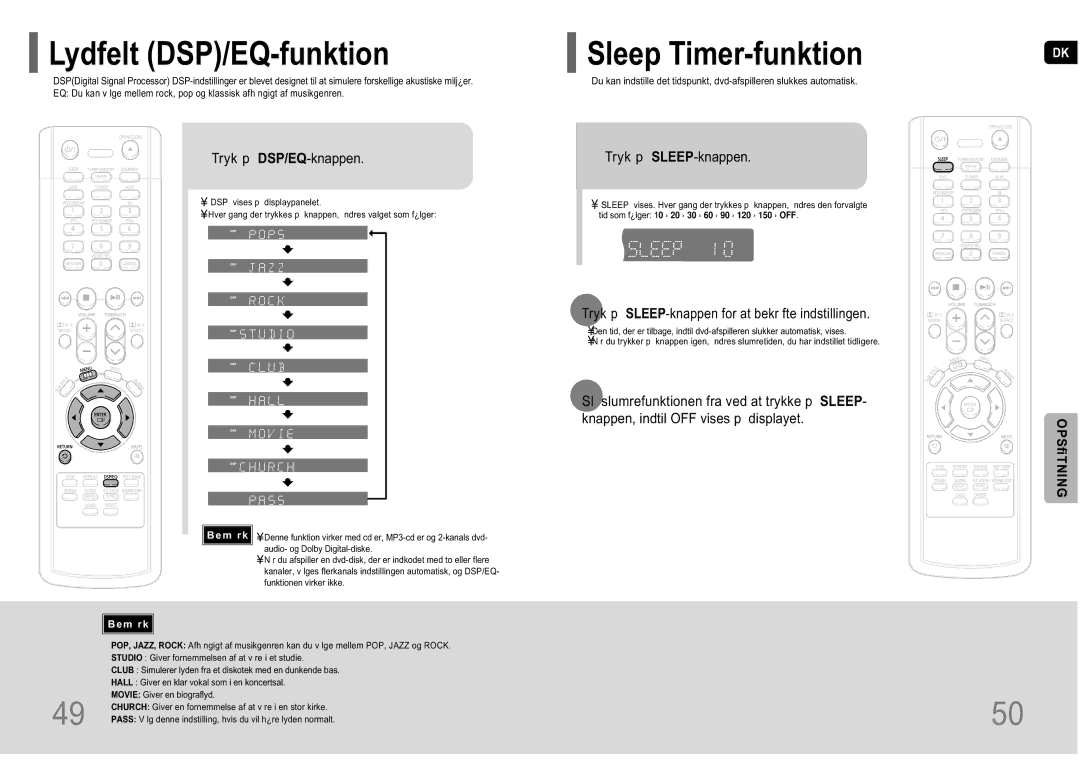 Samsung HT-P10R/EDC manual Lydfelt DSP/EQ-funktion, Sleep Timer-funktion, Tryk p DSP/EQ-knappen, Tryk p SLEEP-knappen 