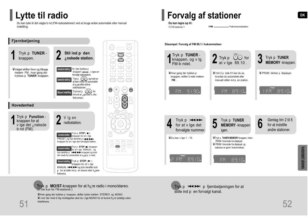 Samsung HT-P10R/EDC Lytte til radio, Forvalg af stationer, Fjernbetjening, Stil ind p den ¿nskede station, Hovedenhed 