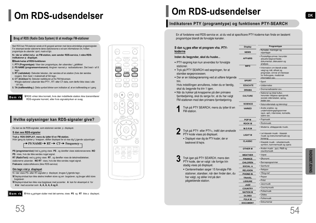 Samsung HT-P10R/EDC manual Om RDS-udsendelser, Indikatoren PTY programtype og funktionen PTY-SEARCH 