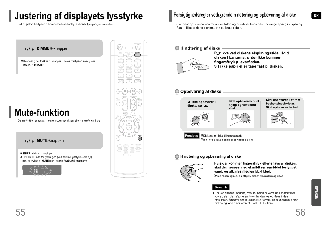 Samsung HT-P10R/EDC manual Justering af displayets lysstyrke, Mute-funktion, Tryk p DIMMER-knappen, Tryk p MUTE-knappen 